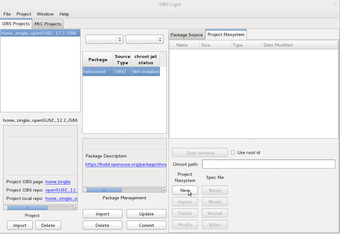OBS Light GUI create project filesystem