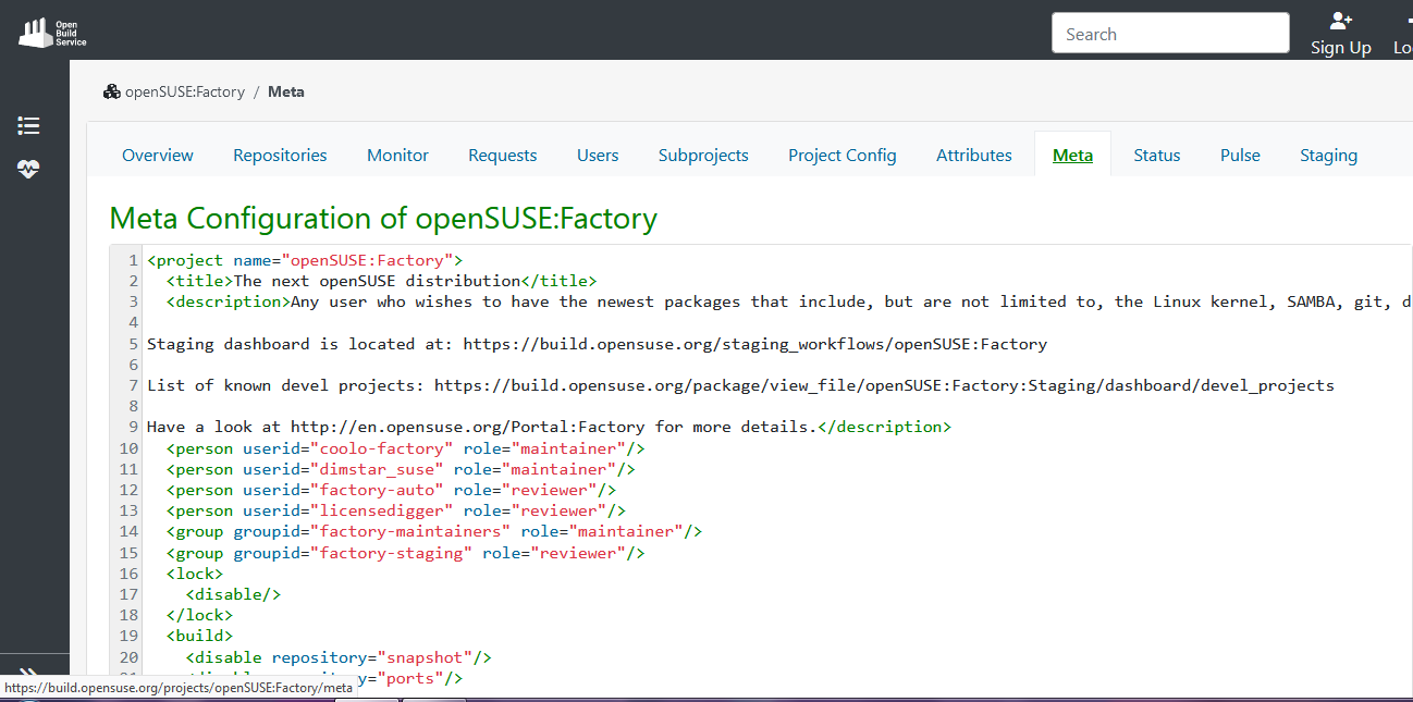 openSUSE:Factory's Meta tab link