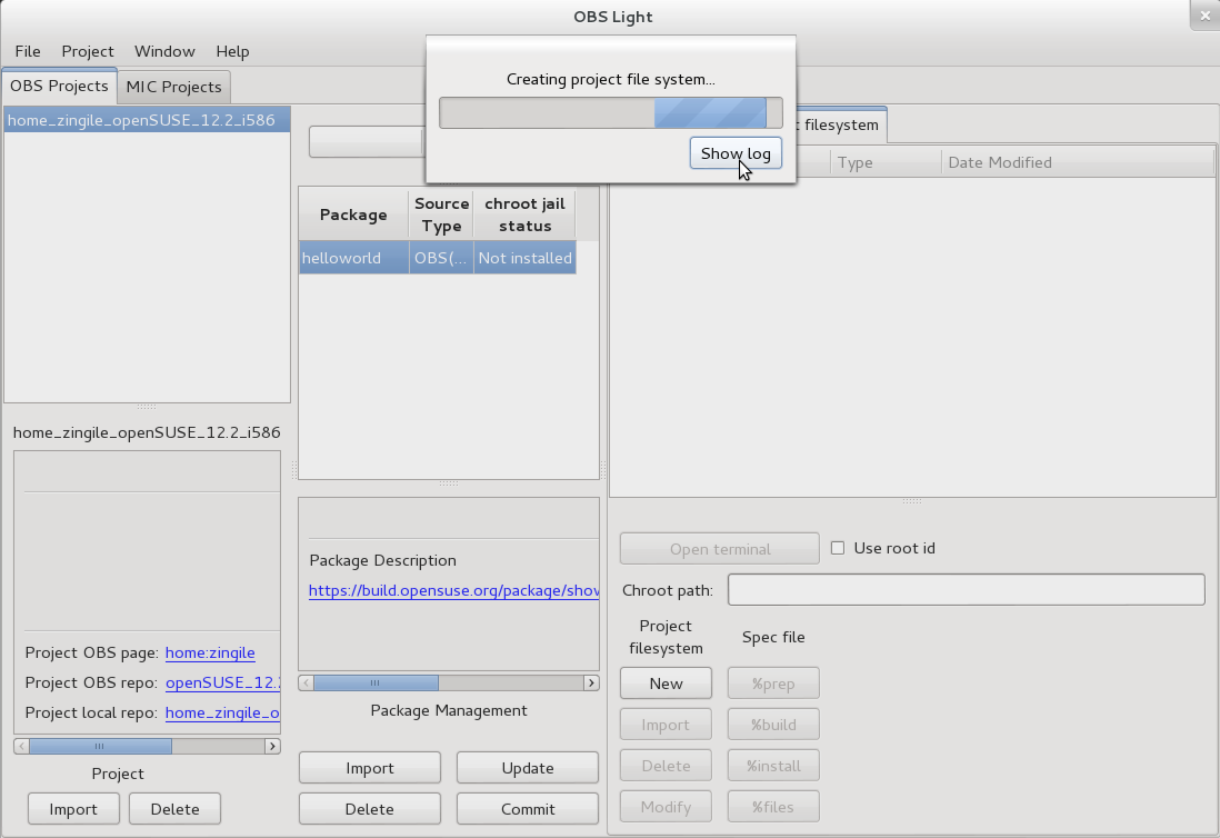 OBS Light GUI create project filesystem show log